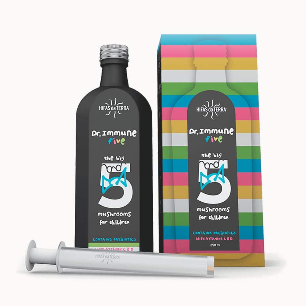 A bottle of Hifas da Terra Dr Immune Five Syrup with natural mushroom-derived ingredients.
