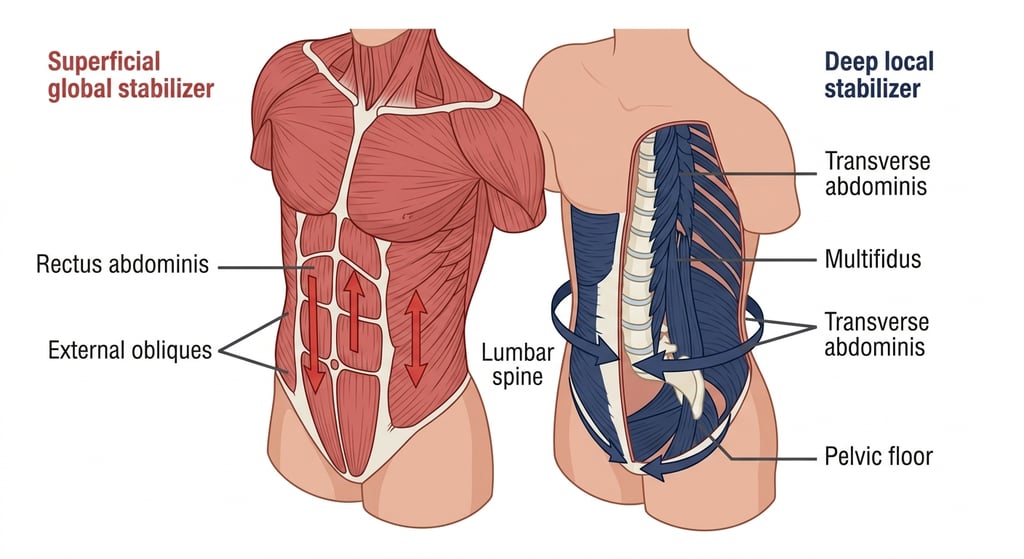 Anatomical diagram showing the layers of the torso, distinguishing between superficial global muscles and deep spinal stabilizers like the multifidus.