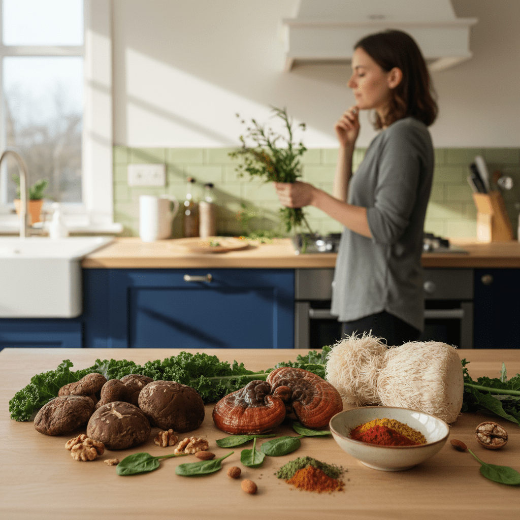 Sunlit kitchen counter displaying functional mushrooms alongside fresh greens and herbs.