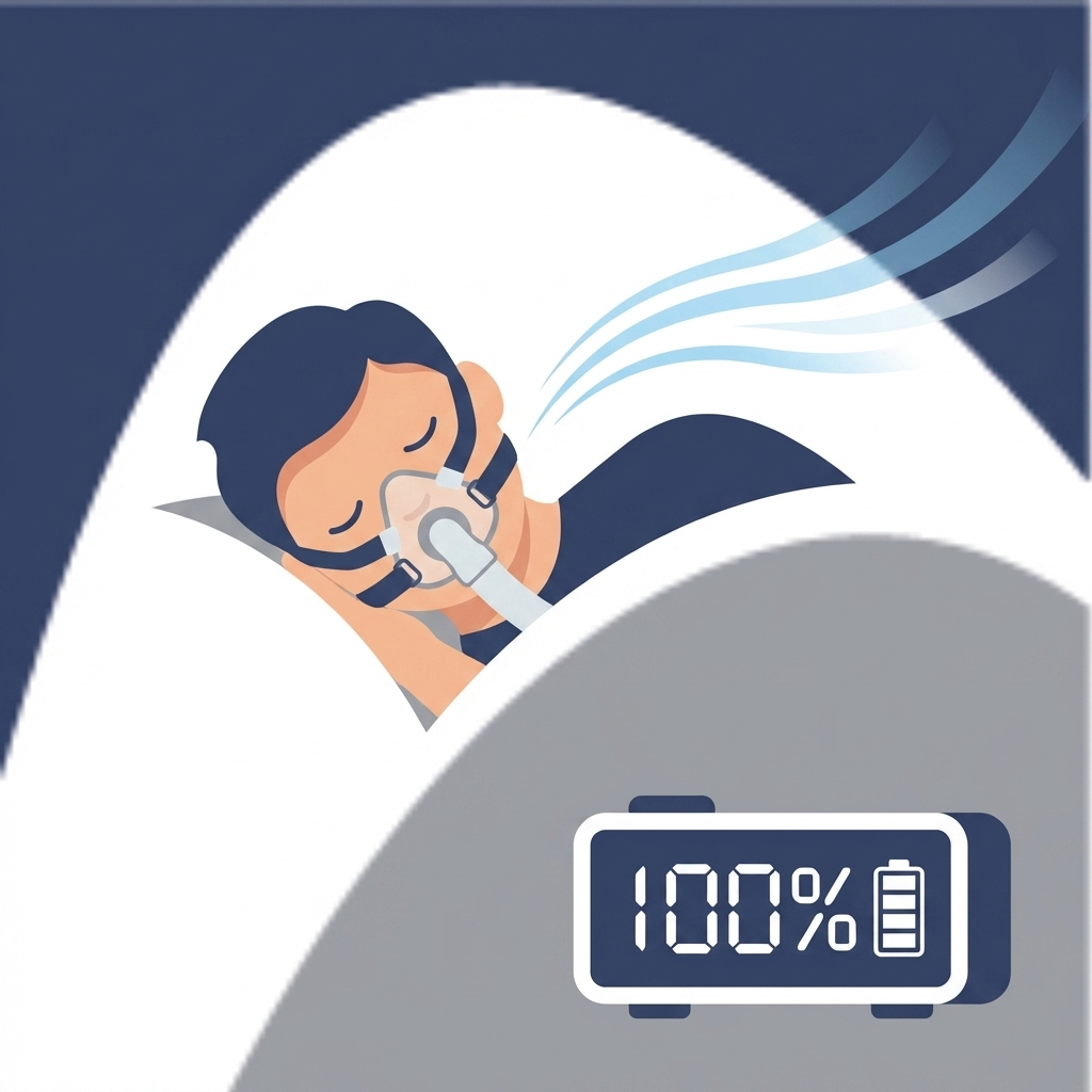 A person sleeping peacefully while wearing a CPAP mask connected to a ventilation machine.