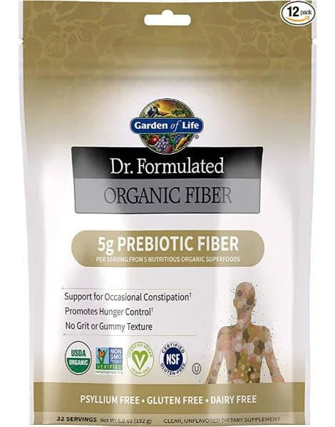 Garden of Life Dr Formulated Organic Fiber Supplement container on a white background.