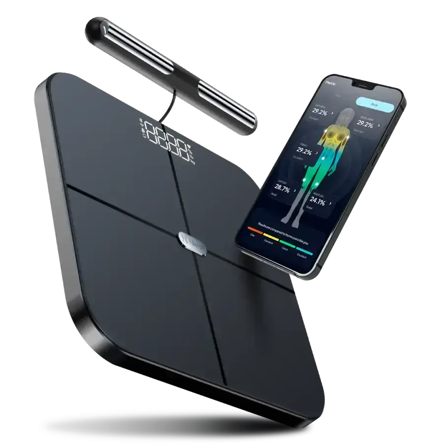 The Hume Body Pod smart scale and its mobile app showing body composition metrics.