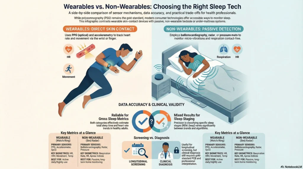 Comparison infographic of various sleep tracking and monitoring technologies including wearable and non-wearable devices.