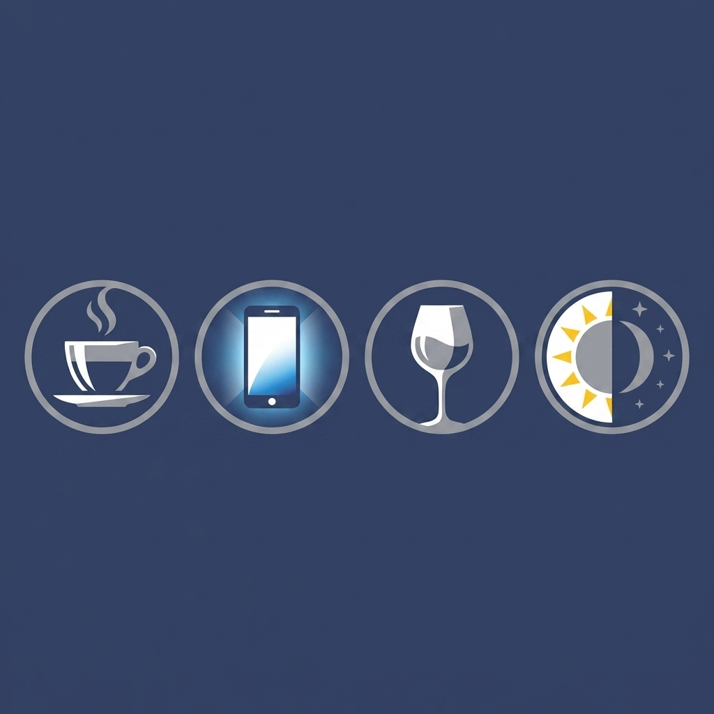 A collection of items representing sleep disruptors including a coffee cup, a smartphone, a glass of wine, and an alarm clock.