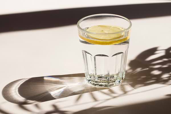 A refreshing glass of water with fresh lemon slices and ice.